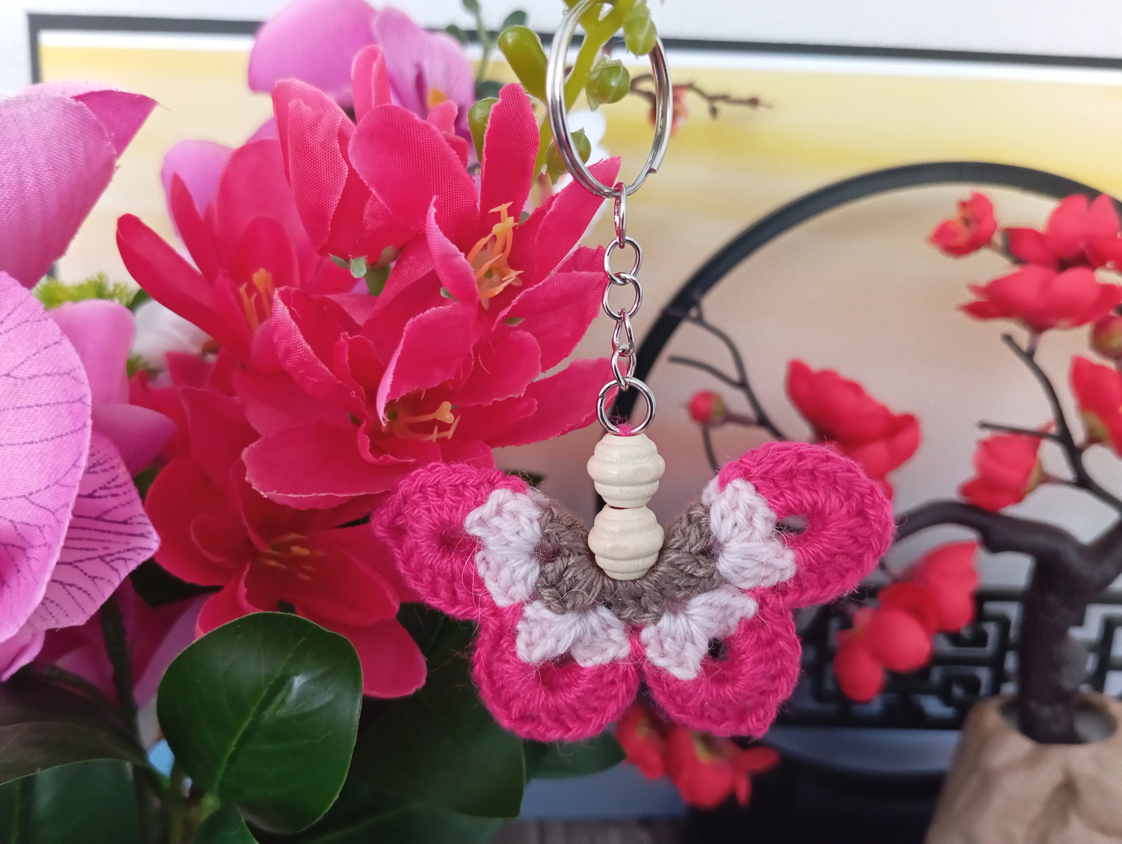 Porte clé papillon rouge/rose/marron