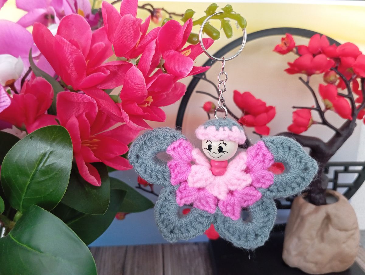 Porte clé papillon gris/rose